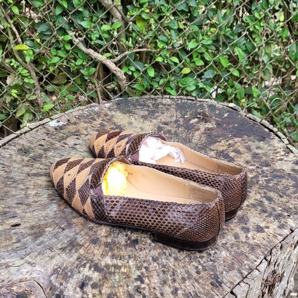 Vintage Ennesi Italy Brown/Gold Genuine Reptile Slip On Shoes - Picture 3 of 8